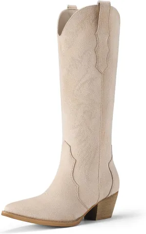 Rollda Cowboy Boots for Women Cowgirl Boots Embroidered Knee-High Western Boots Pointy Toe with Chunky Heel