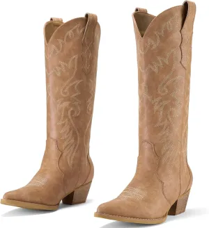Rollda Cowboy Boots for Women Cowgirl Boots Embroidered Knee-High Western Boots Pointy Toe with Chunky Heel
