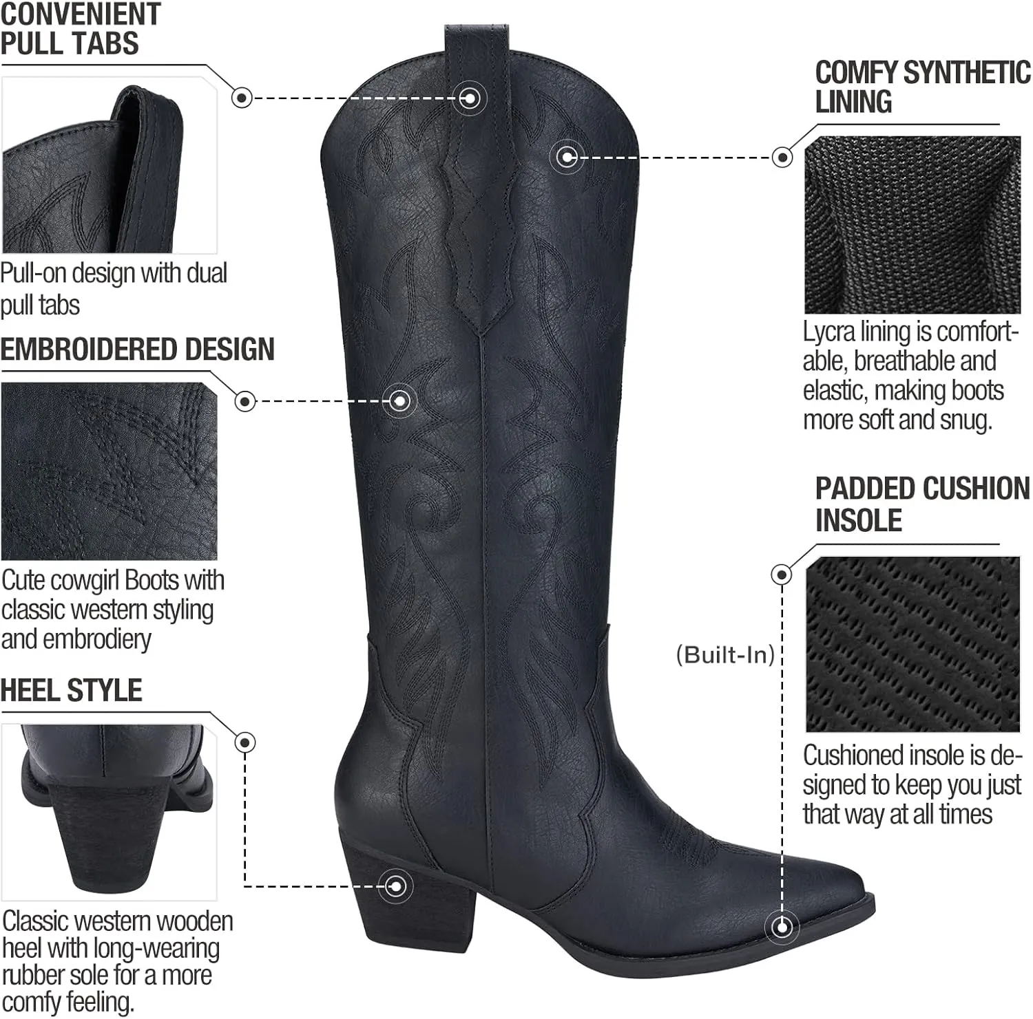 Rollda Cowboy Boots for Women Cowgirl Boots Embroidered Knee-High Western Boots Pointy Toe with Chunky Heel