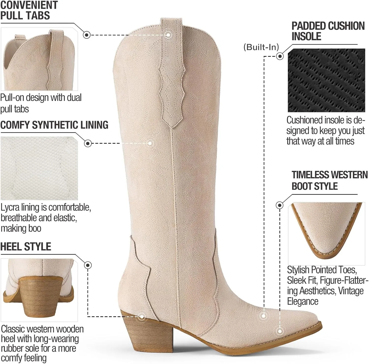 Rollda Cowboy Boots for Women Cowgirl Boots Embroidered Knee-High Western Boots Pointy Toe with Chunky Heel