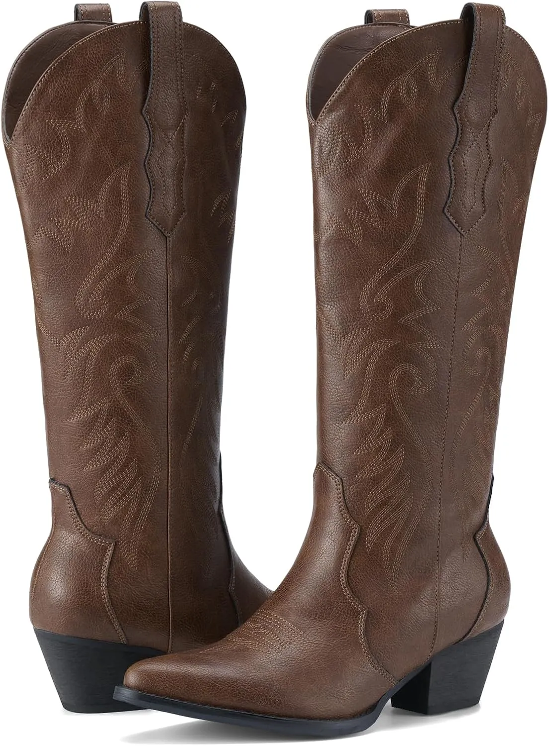 Rollda Cowboy Boots for Women Cowgirl Boots Embroidered Knee-High Western Boots Pointy Toe with Chunky Heel