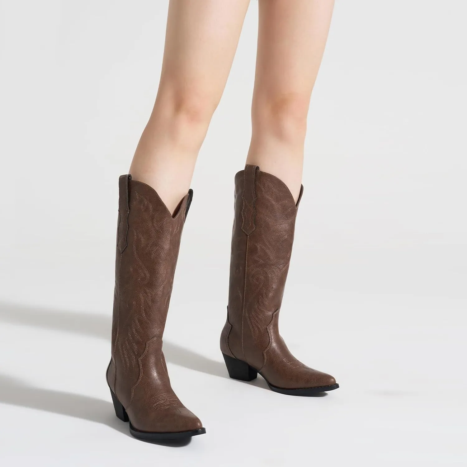 Rollda Cowboy Boots for Women Cowgirl Boots Embroidered Knee-High Western Boots Pointy Toe with Chunky Heel
