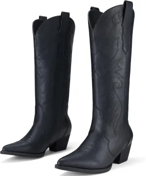 Rollda Cowboy Boots for Women Cowgirl Boots Embroidered Knee-High Western Boots Pointy Toe with Chunky Heel