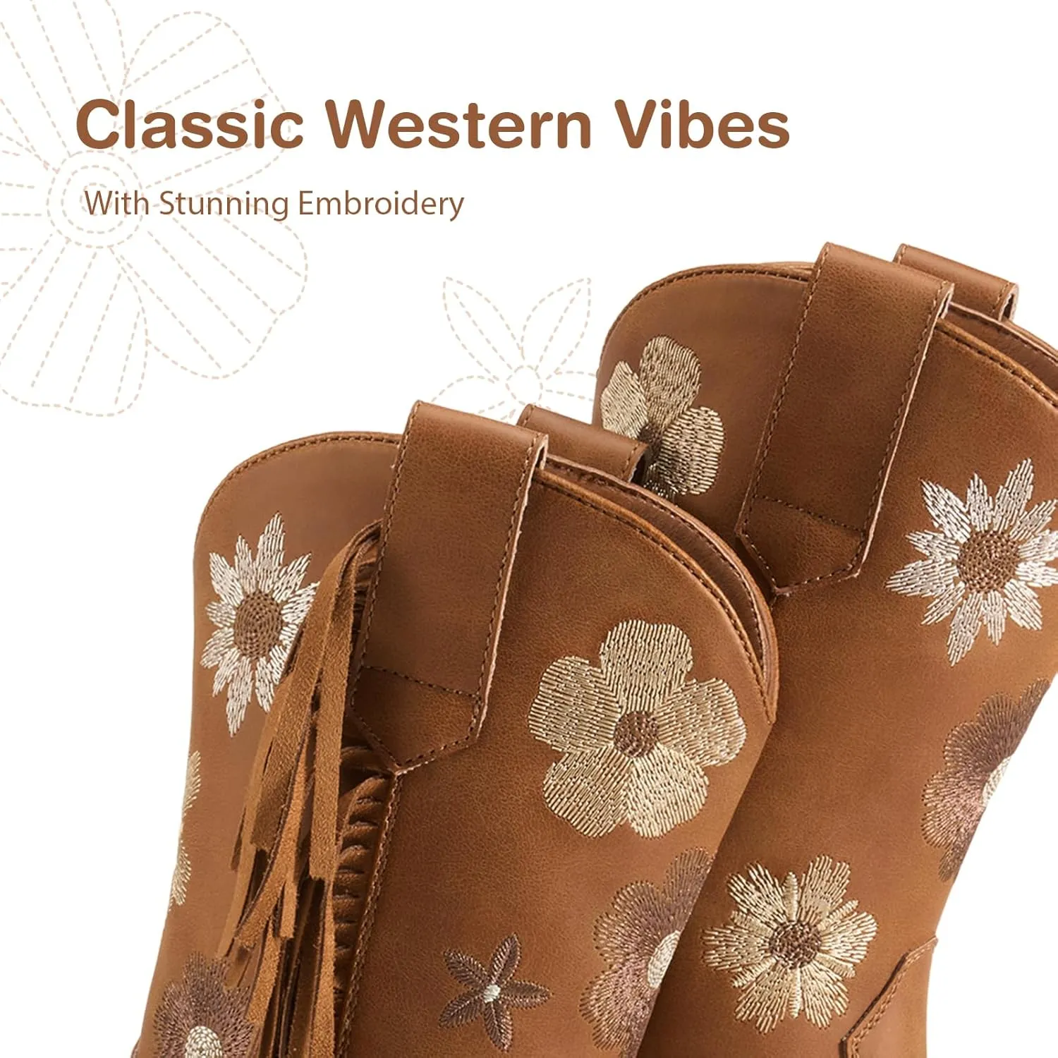 Rollda Girls Cowboy Boots Cowgirl Boots with Tassel Floral Embroidered Kids Western Boots for Toddler/Little Kid/Big Kid