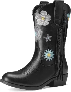 Rollda Girls Cowboy Boots Cowgirl Boots with Tassel Floral Embroidered Kids Western Boots for Toddler/Little Kid/Big Kid