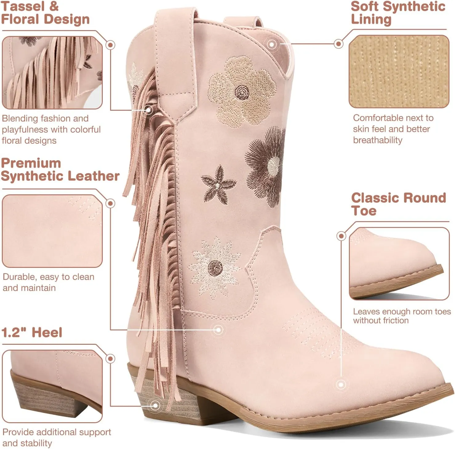Rollda Girls Cowboy Boots Cowgirl Boots with Tassel Floral Embroidered Kids Western Boots for Toddler/Little Kid/Big Kid