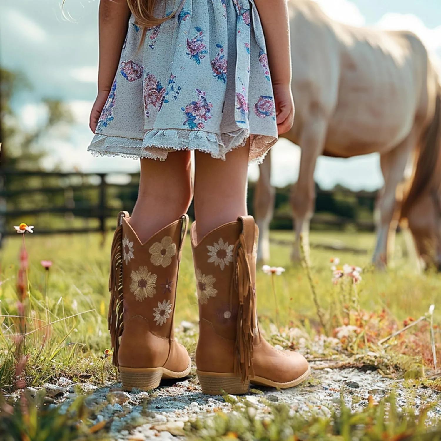 Rollda Girls Cowboy Boots Cowgirl Boots with Tassel Floral Embroidered Kids Western Boots for Toddler/Little Kid/Big Kid