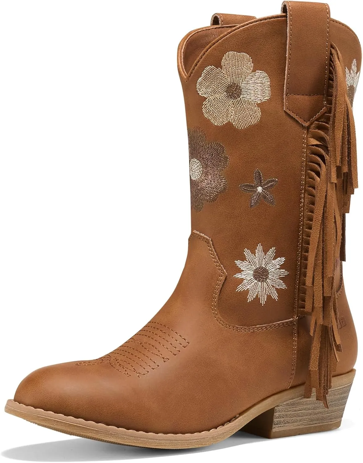 Rollda Girls Cowboy Boots Cowgirl Boots with Tassel Floral Embroidered Kids Western Boots for Toddler/Little Kid/Big Kid