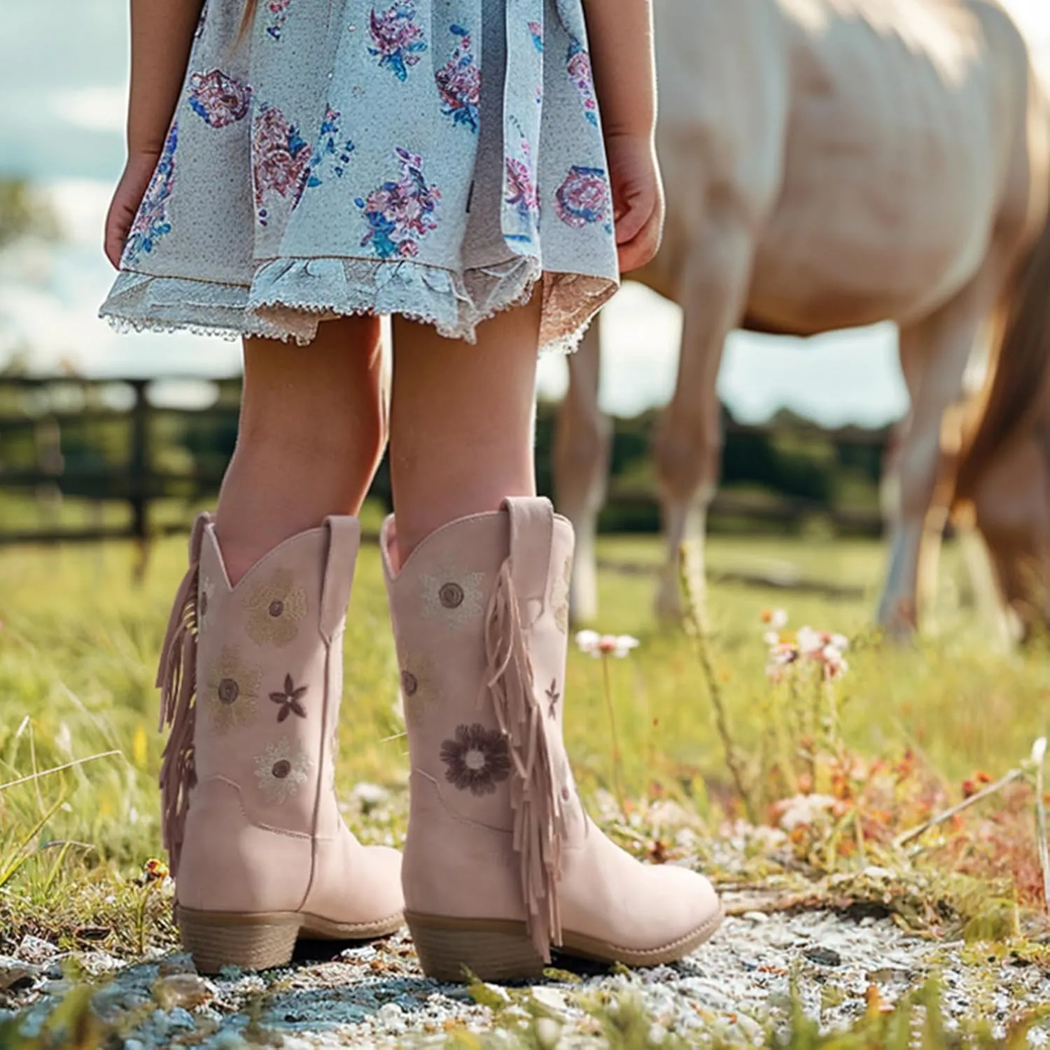 Rollda Girls Cowboy Boots Cowgirl Boots with Tassel Floral Embroidered Kids Western Boots for Toddler/Little Kid/Big Kid
