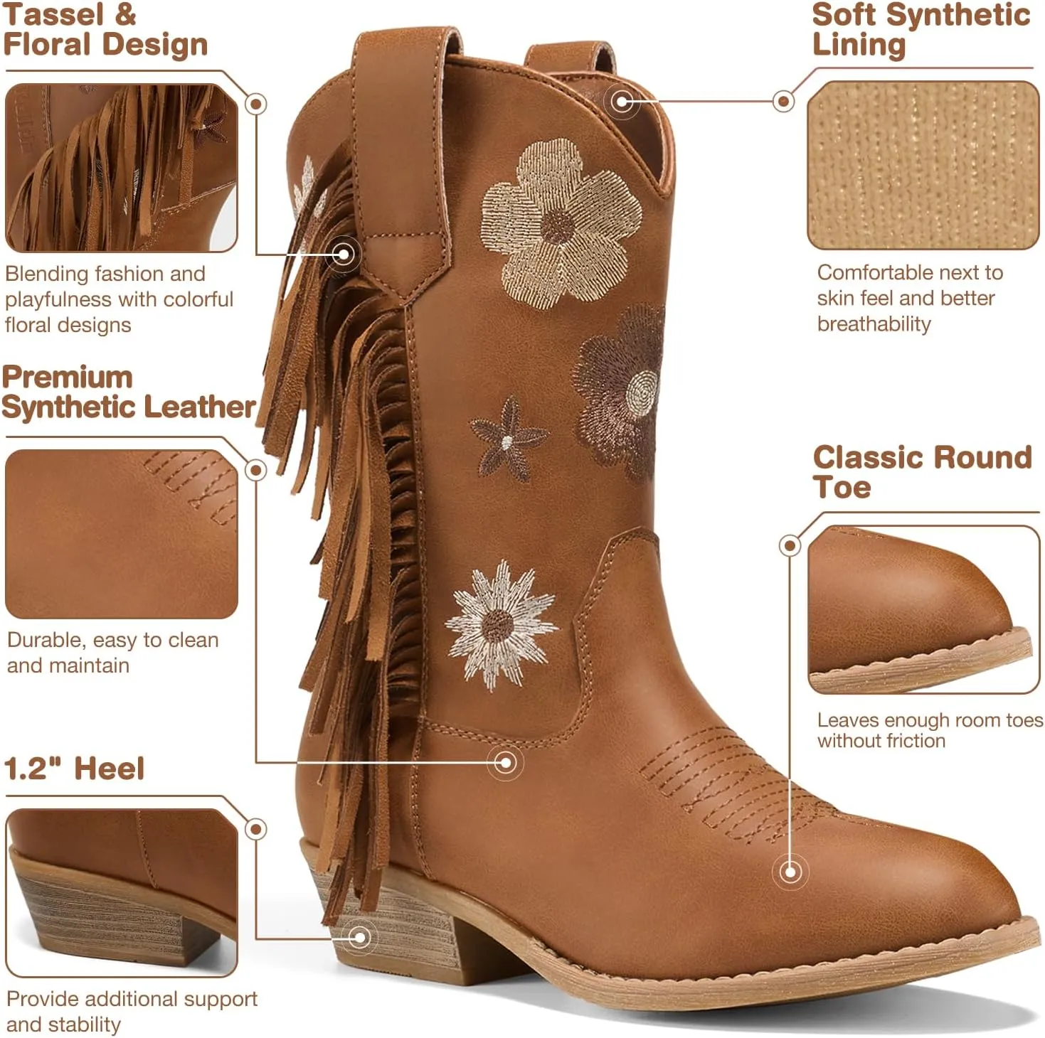 Rollda Girls Cowboy Boots Cowgirl Boots with Tassel Floral Embroidered Kids Western Boots for Toddler/Little Kid/Big Kid