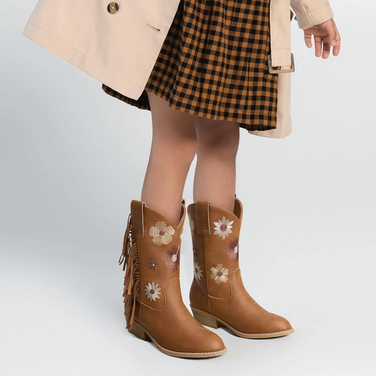 Rollda Girls Cowboy Boots Cowgirl Boots with Tassel Floral Embroidered Kids Western Boots for Toddler/Little Kid/Big Kid