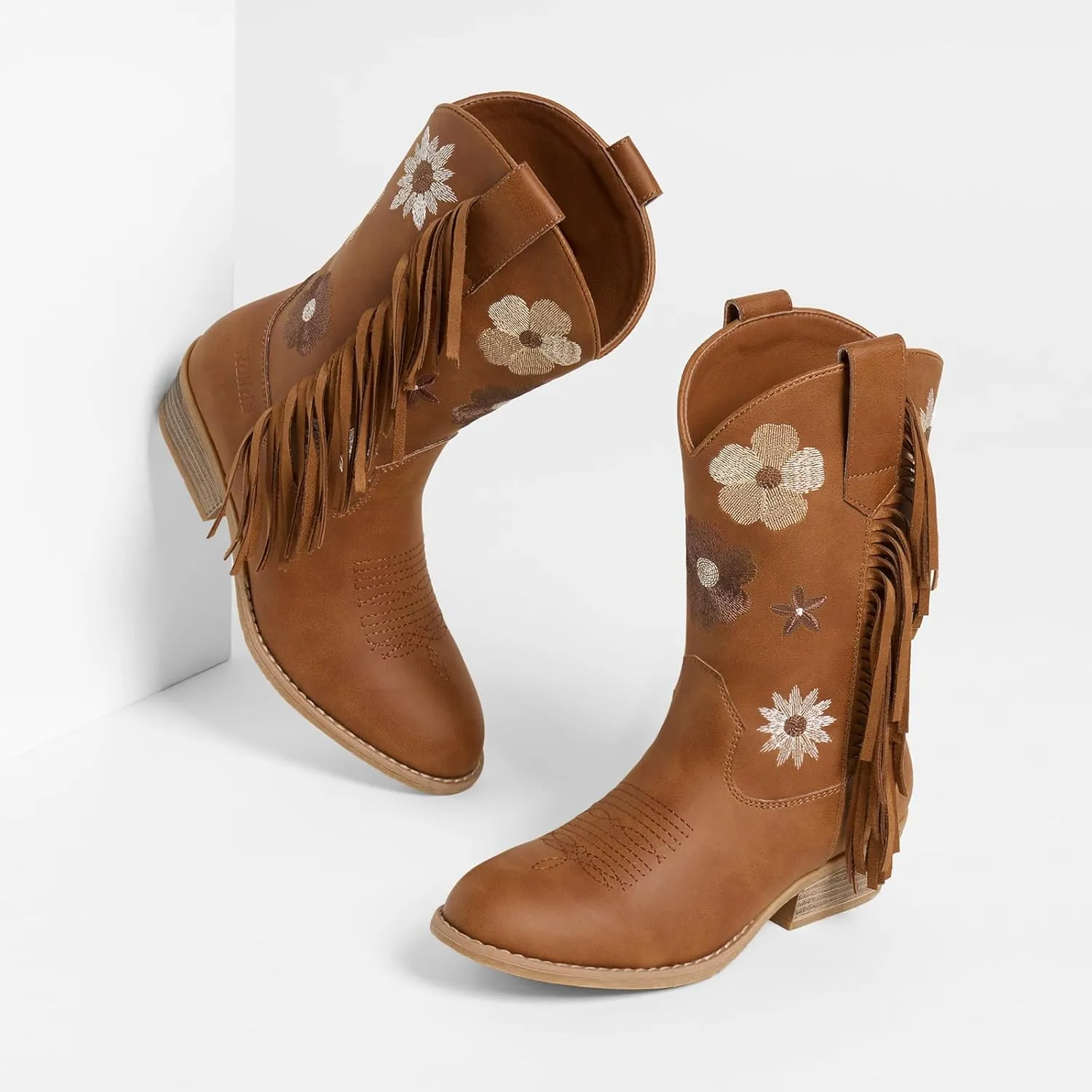 Rollda Girls Cowboy Boots Cowgirl Boots with Tassel Floral Embroidered Kids Western Boots for Toddler/Little Kid/Big Kid