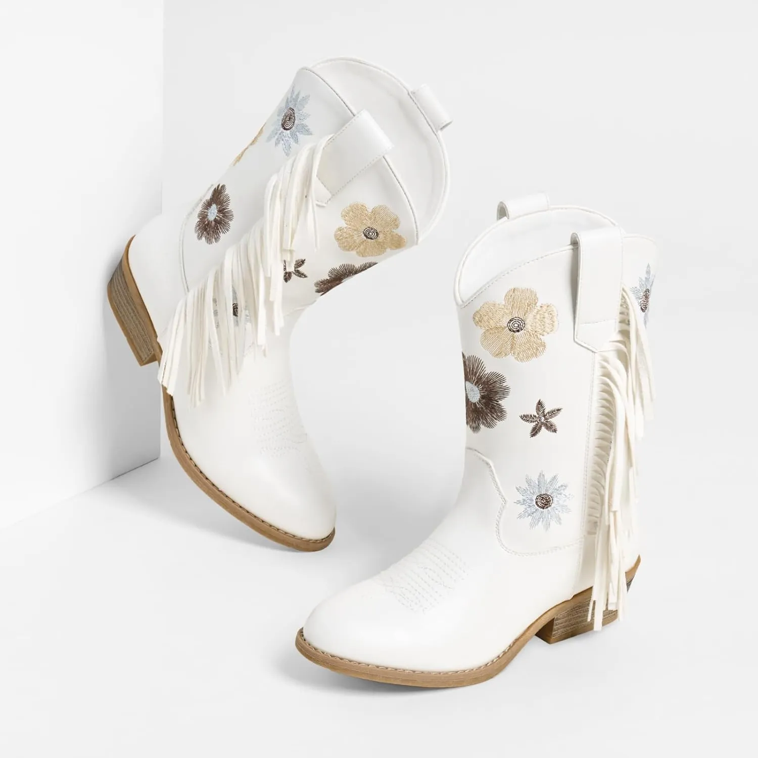 Rollda Girls Cowboy Boots Cowgirl Boots with Tassel Floral Embroidered Kids Western Boots for Toddler/Little Kid/Big Kid