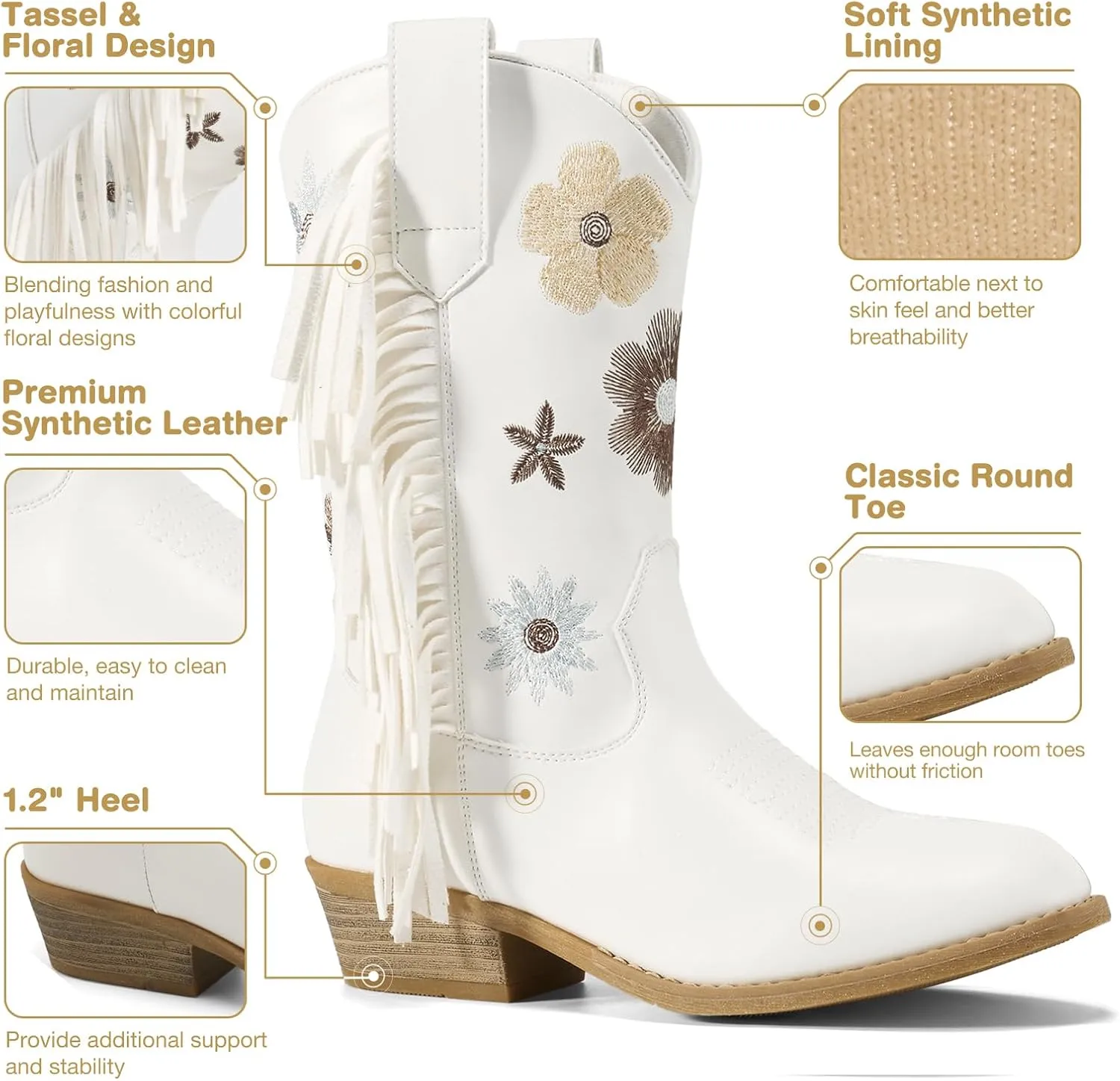 Rollda Girls Cowboy Boots Cowgirl Boots with Tassel Floral Embroidered Kids Western Boots for Toddler/Little Kid/Big Kid
