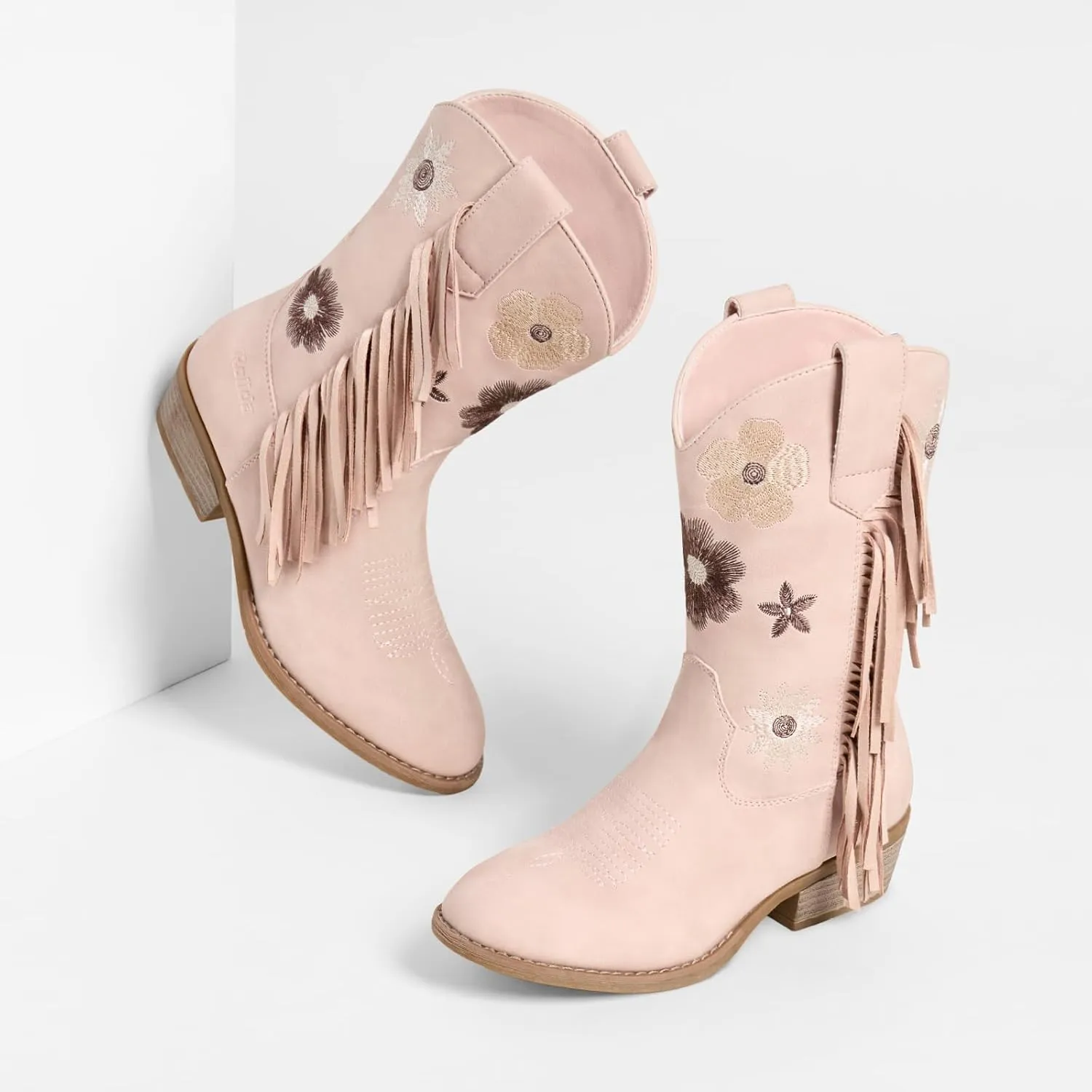 Rollda Girls Cowboy Boots Cowgirl Boots with Tassel Floral Embroidered Kids Western Boots for Toddler/Little Kid/Big Kid