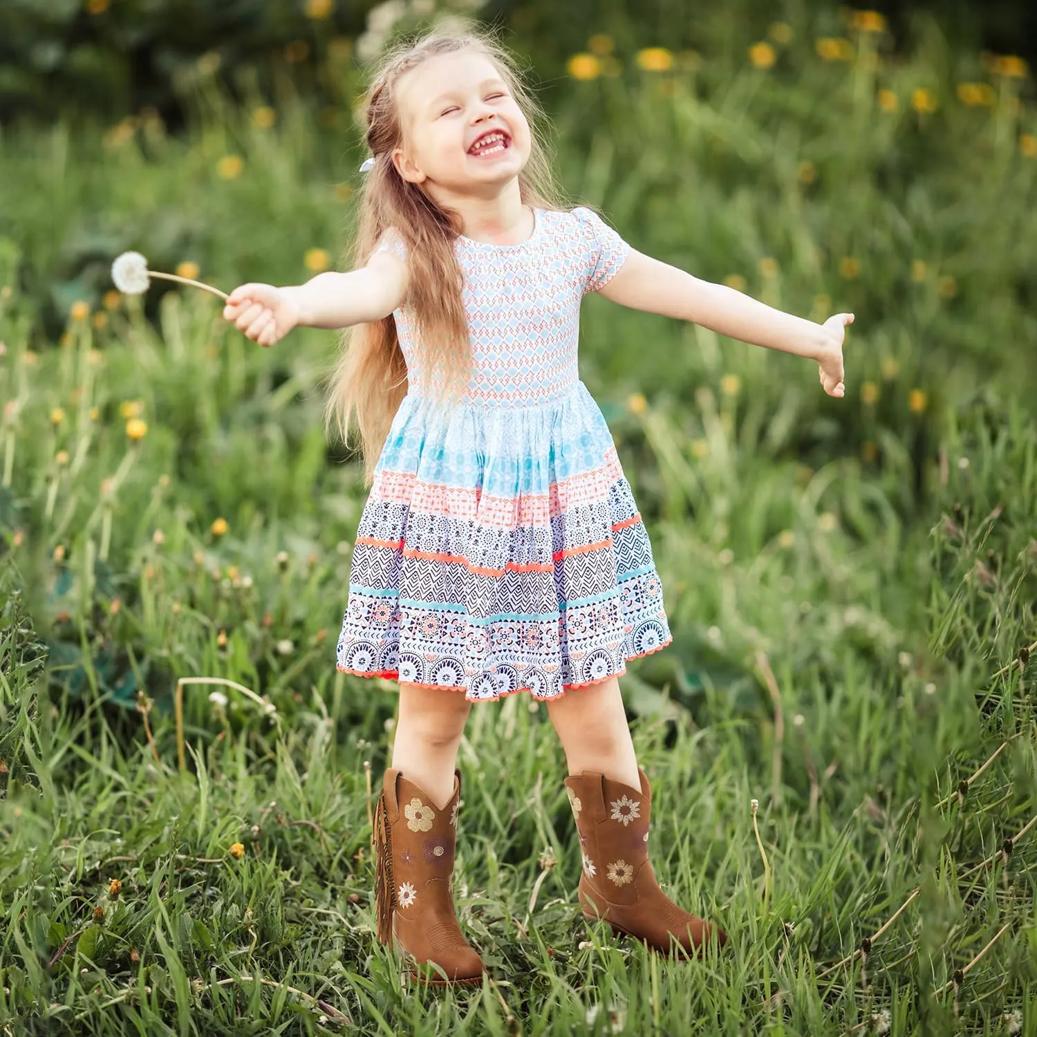 Rollda Girls Cowboy Boots Cowgirl Boots with Tassel Floral Embroidered Kids Western Boots for Toddler/Little Kid/Big Kid