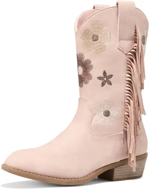Rollda Girls Cowboy Boots Cowgirl Boots with Tassel Floral Embroidered Kids Western Boots for Toddler/Little Kid/Big Kid