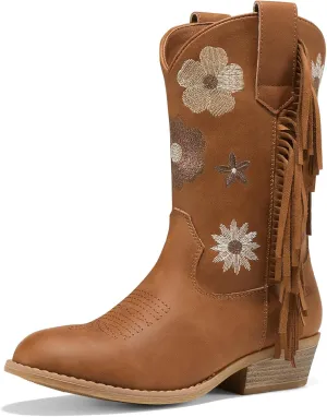 Rollda Girls Cowboy Boots Cowgirl Boots with Tassel Floral Embroidered Kids Western Boots for Toddler/Little Kid/Big Kid