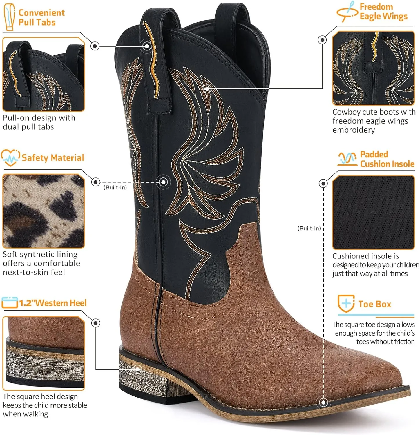 Rollda Kids Cowboy Boots for Boys Girls Western Square Toe Cowgirl Boots with Walking Heel (Toddler/Little Kid/Big Kid)