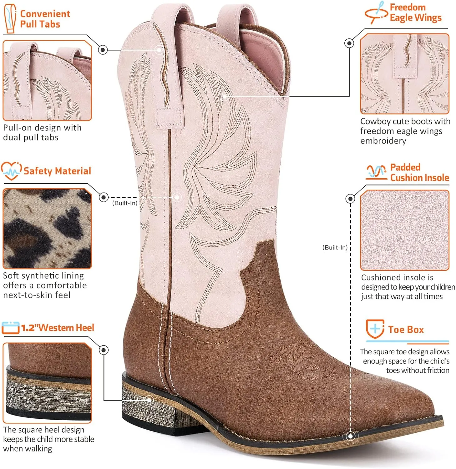 Rollda Kids Cowboy Boots for Boys Girls Western Square Toe Cowgirl Boots with Walking Heel (Toddler/Little Kid/Big Kid)