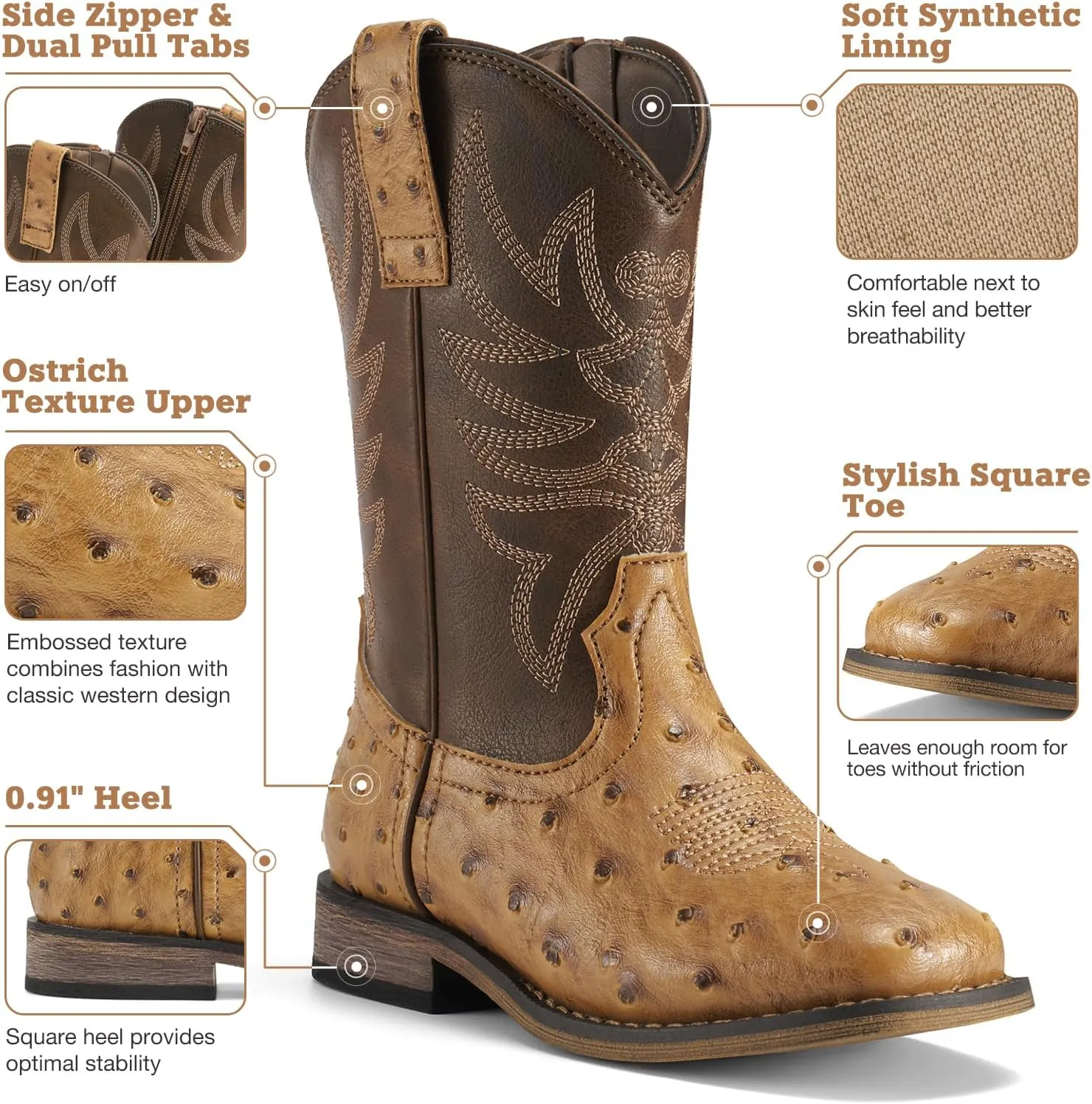 Rollda Kids Cowboy Boots for Boys Girls Western Square Toe Cowgirl Boots with Walking Heel (Toddler/Little Kid/Big Kid)