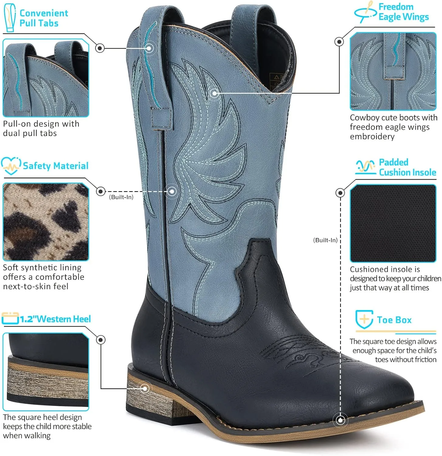 Rollda Kids Cowboy Boots for Boys Girls Western Square Toe Cowgirl Boots with Walking Heel (Toddler/Little Kid/Big Kid)