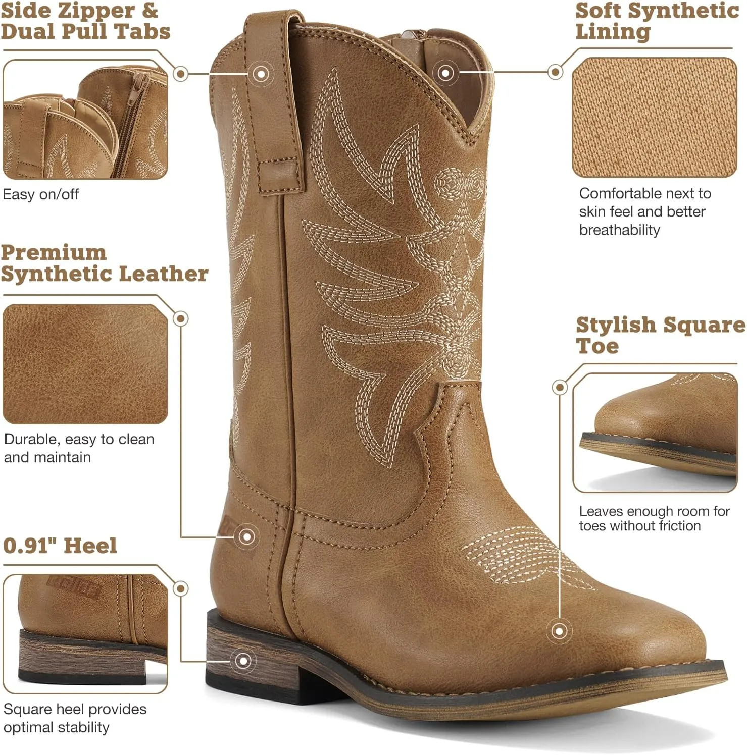 Rollda Kids Cowboy Boots for Boys Girls Western Square Toe Cowgirl Boots with Walking Heel (Toddler/Little Kid/Big Kid)