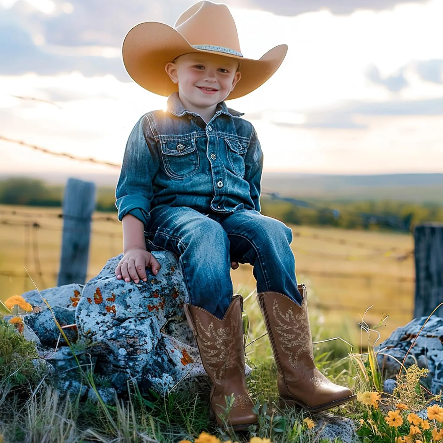 Rollda Kids Cowboy Boots for Boys Girls Western Square Toe Cowgirl Boots with Walking Heel (Toddler/Little Kid/Big Kid)