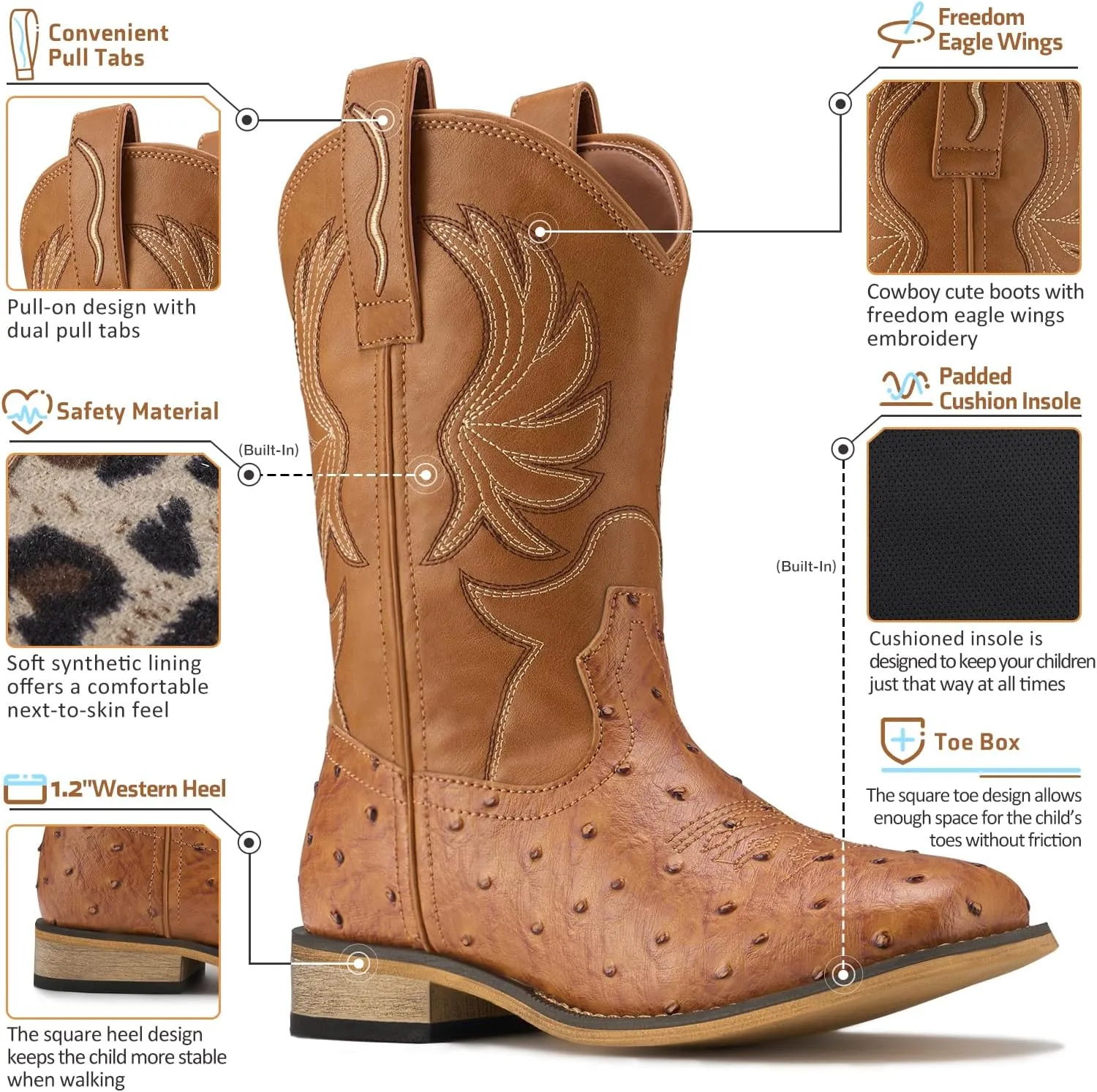 Rollda Kids Cowboy Boots for Boys Girls Western Square Toe Cowgirl Boots with Walking Heel (Toddler/Little Kid/Big Kid)