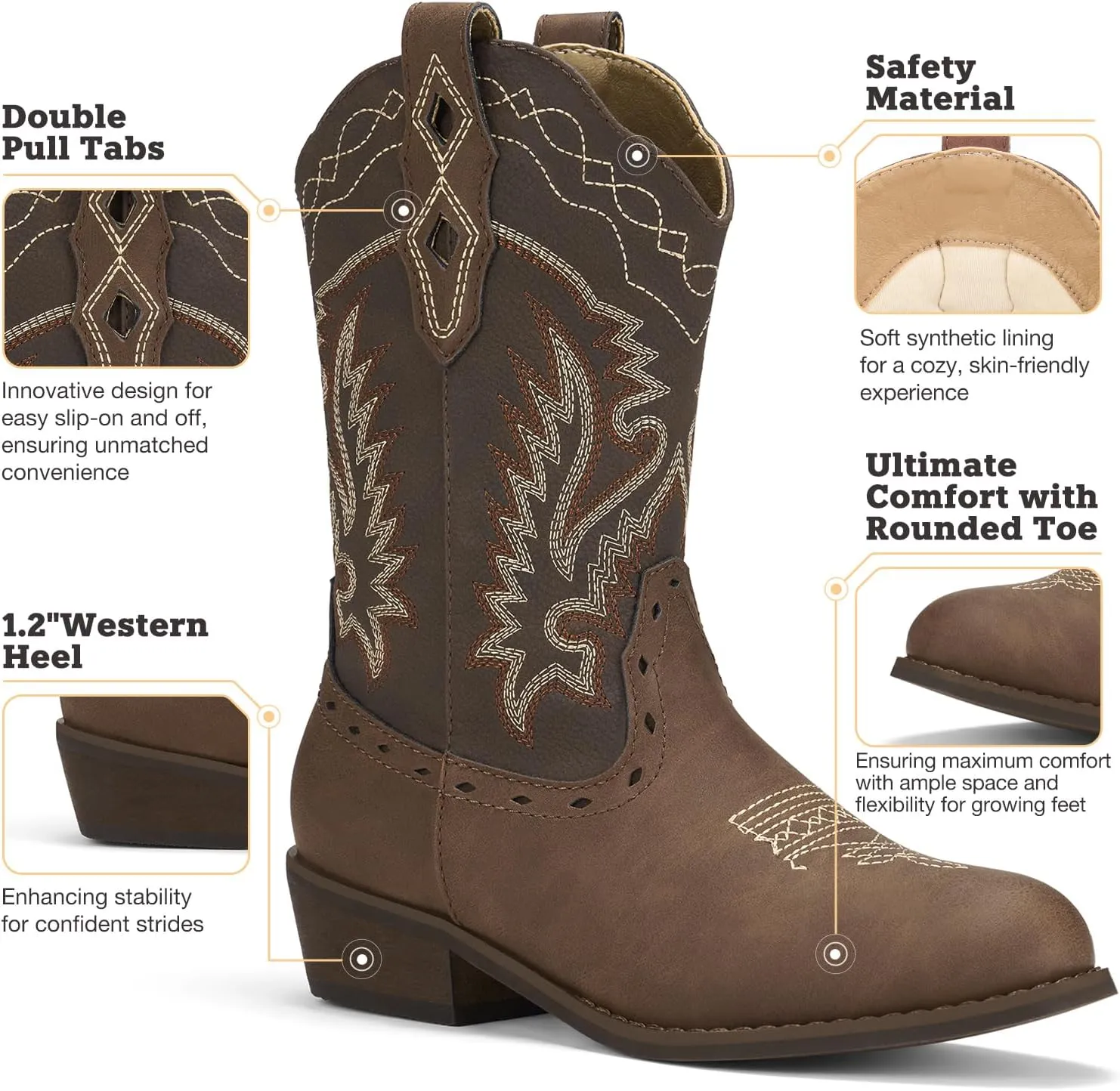 Rollda Kids Cowboy Boots Western Round Toe Cowgirl Boots for Boys Girls Toddler/Little Kid/Big Kid