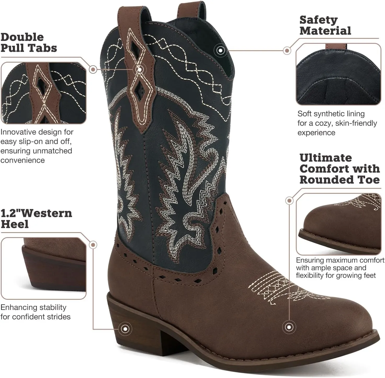 Rollda Kids Cowboy Boots Western Round Toe Cowgirl Boots for Boys Girls Toddler/Little Kid/Big Kid