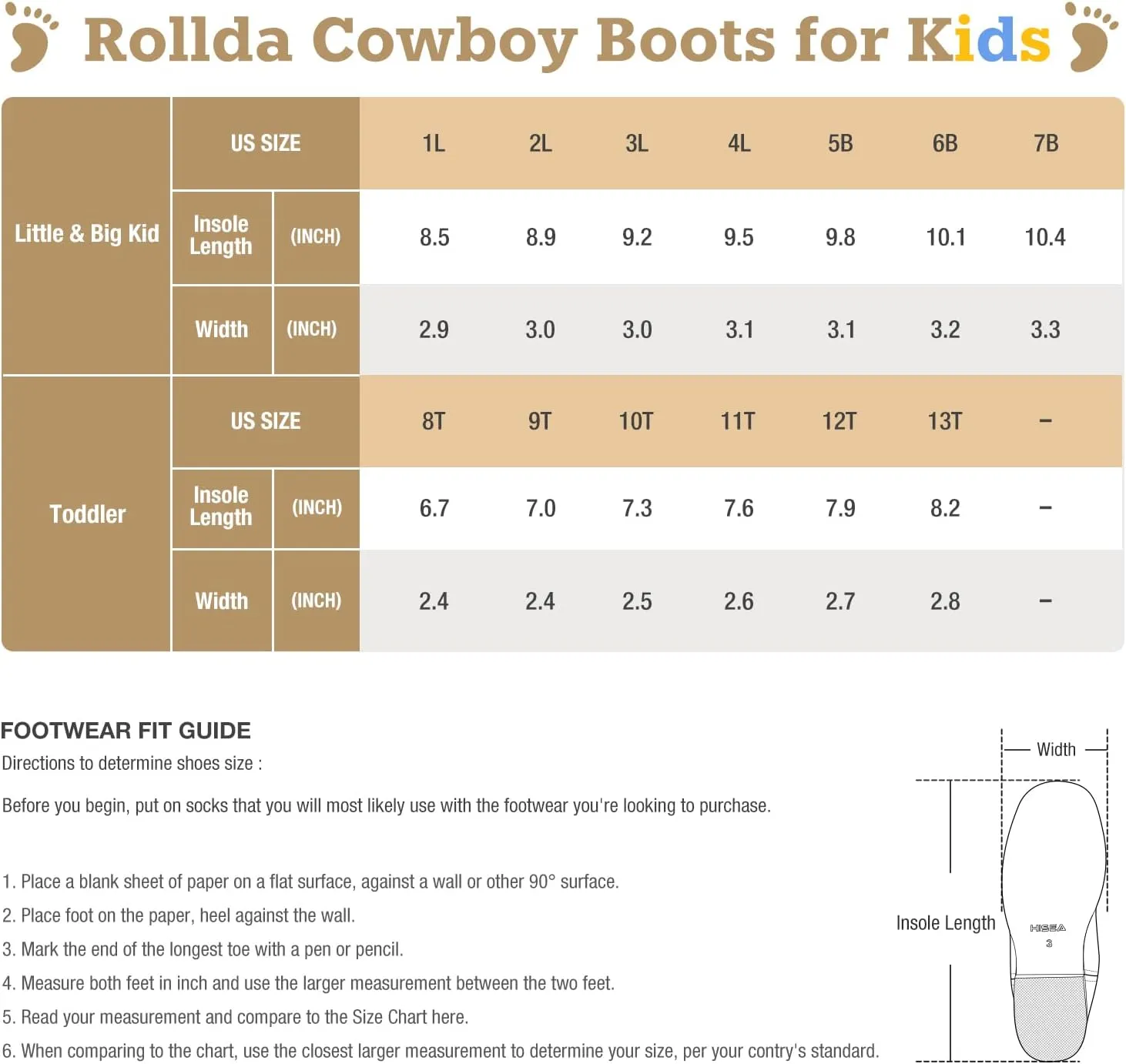 Rollda Kids Cowboy Boots Western Round Toe Cowgirl Boots for Boys Girls Toddler/Little Kid/Big Kid