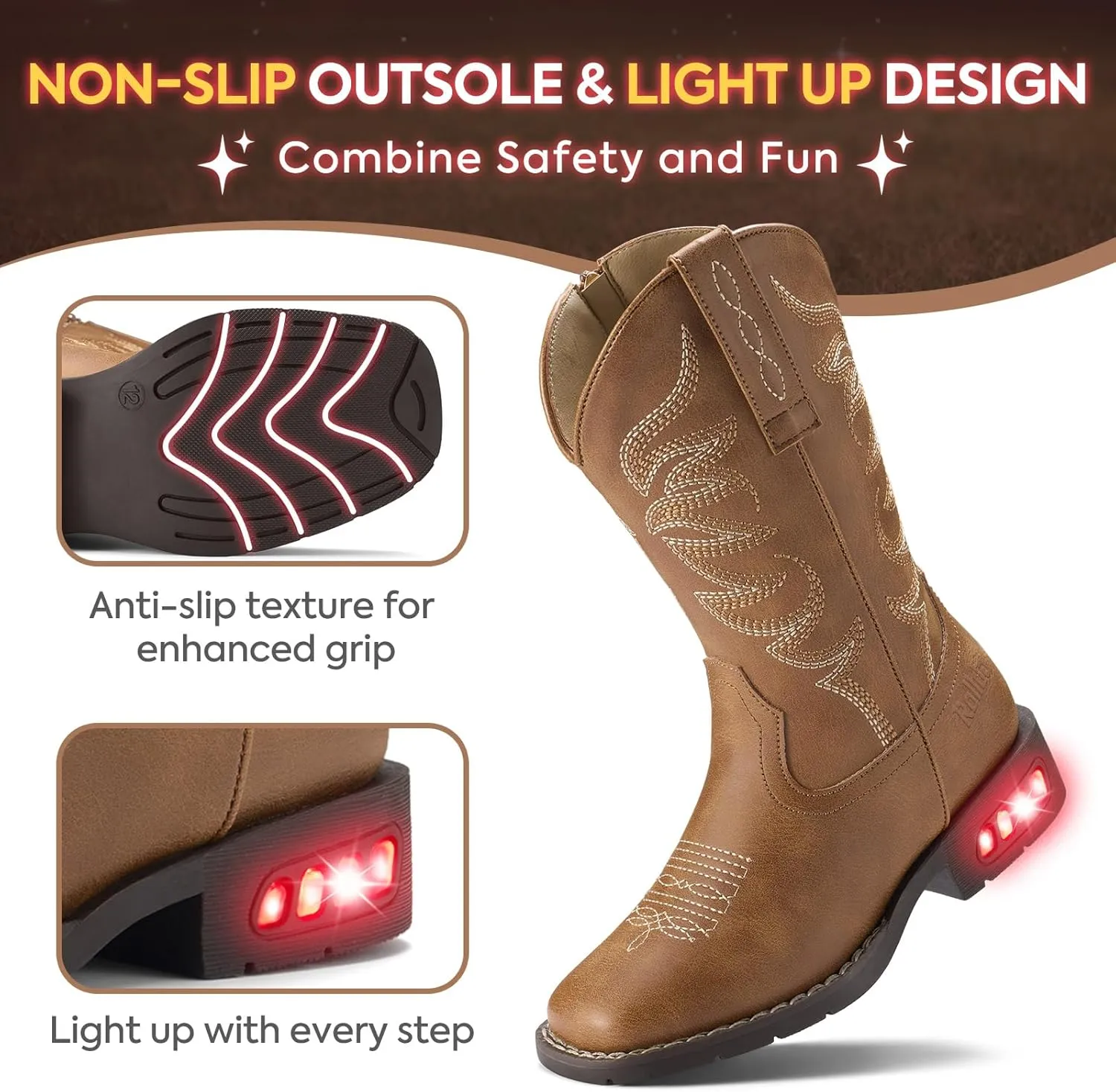 Rollda Toddler Cowboy Boots for Boys Girls Cowgirl Boots Light Up Kids Western Boots for Toddler/Little Kid