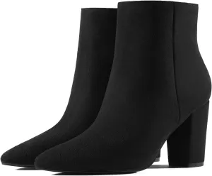 Rollda Women's Pointed Toe Ankle Boots Chunky High Heel Ankle Booties Side Zipper Short Boots