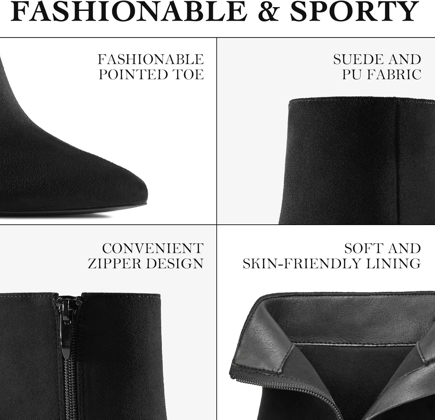 Rollda Women's Pointed Toe Ankle Boots Chunky High Heel Ankle Booties Side Zipper Short Boots