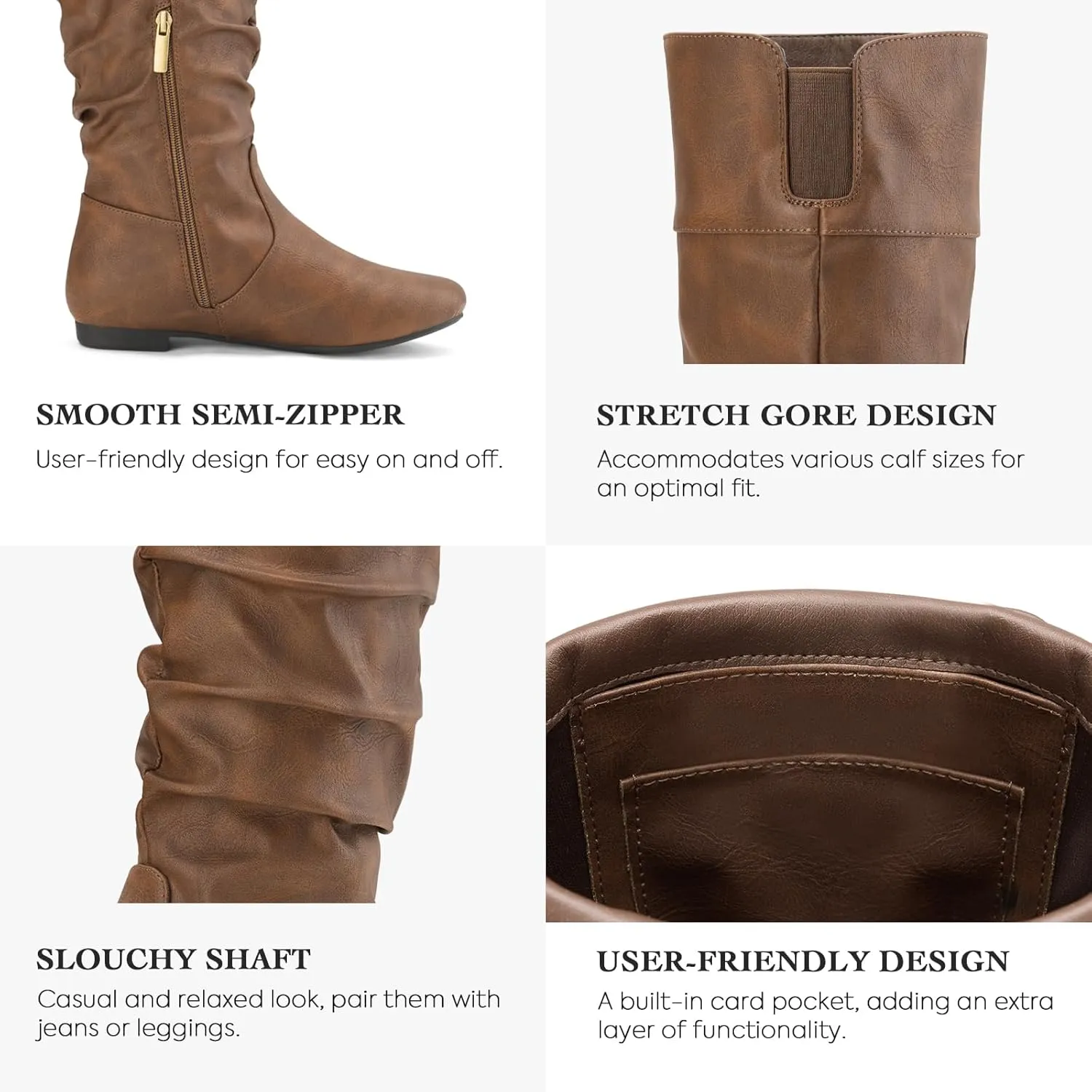 Rollda Women's Slouchy Knee High Boots Pull On Flat Boots Side Zipper Fall Boots for Women