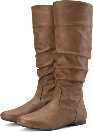 Rollda Women's Slouchy Knee High Boots Pull On Flat Boots Side Zipper Fall Boots for Women