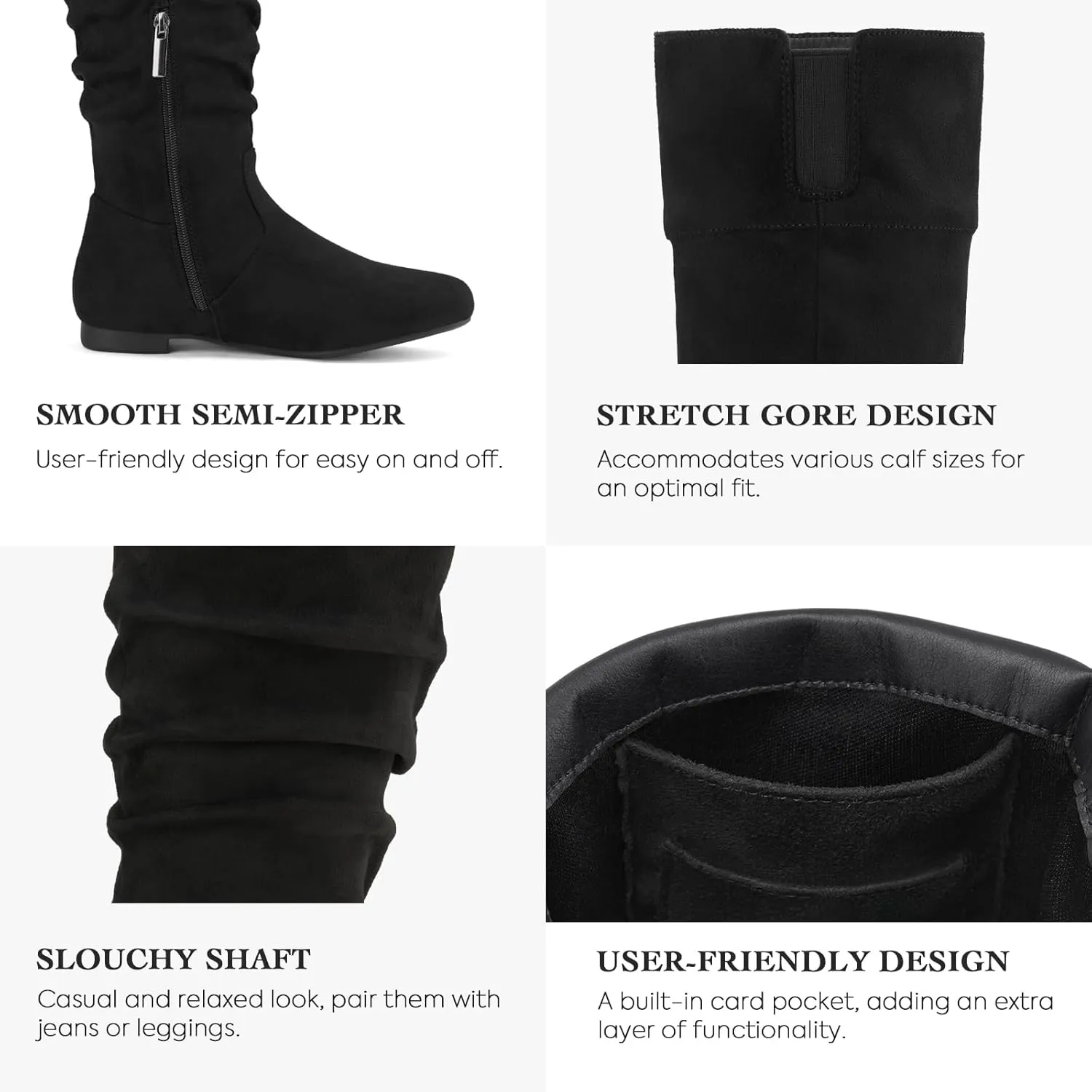 Rollda Women's Slouchy Knee High Boots Pull On Flat Boots Side Zipper Fall Boots for Women