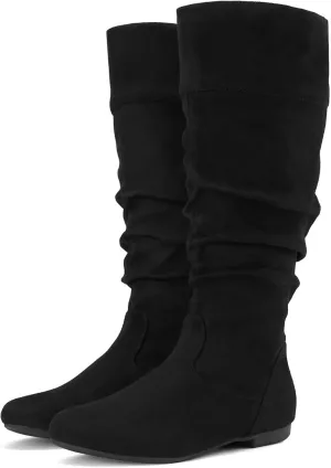 Rollda Women's Slouchy Knee High Boots Pull On Flat Boots Side Zipper Fall Boots for Women