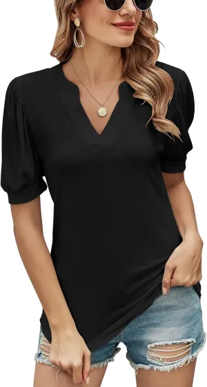 Romanstii Women Casual V-Neck T-Shirts Loose Puff Short Sleeve Tops Tunic Blouses