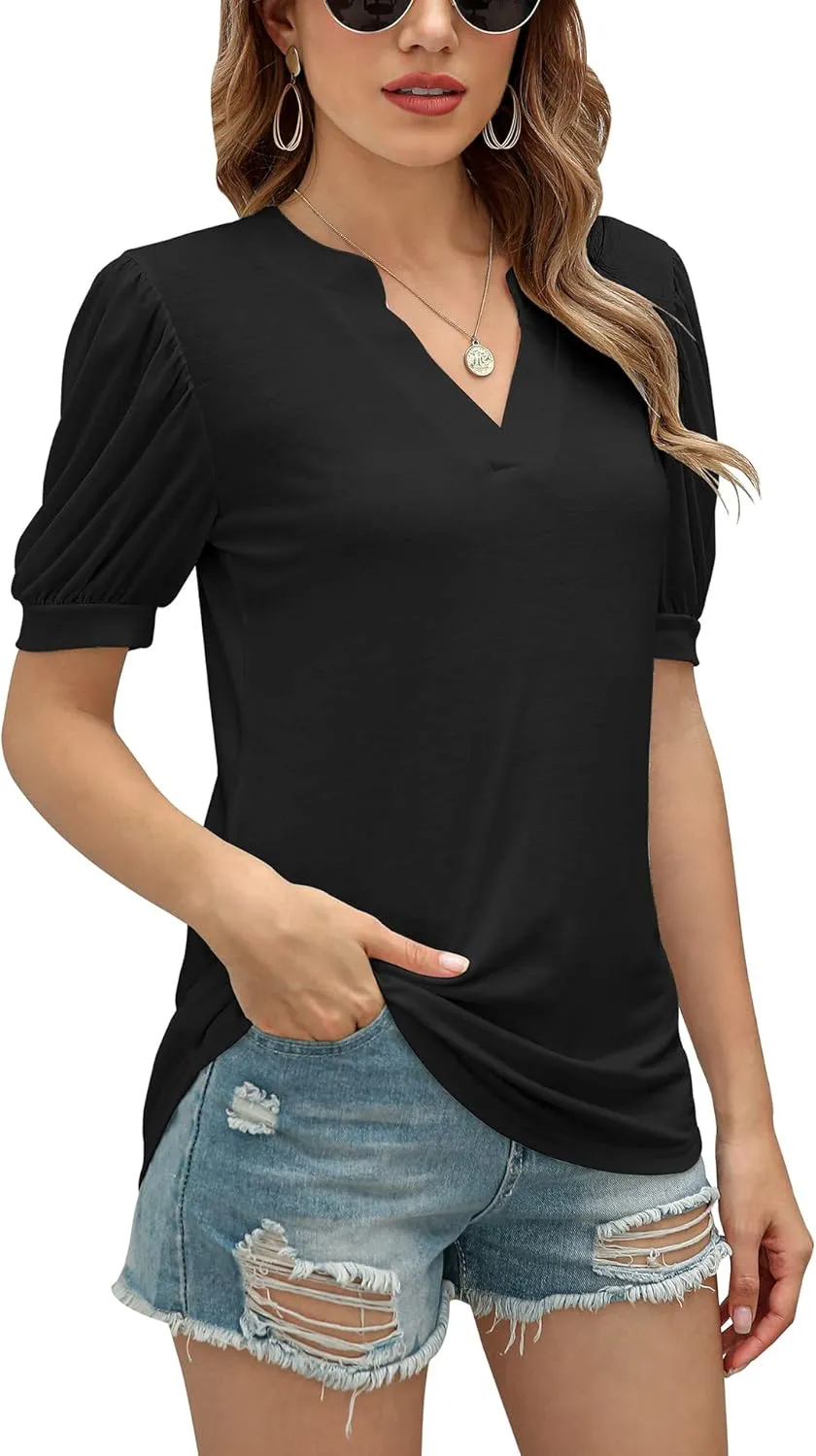 Romanstii Women Casual V-Neck T-Shirts Loose Puff Short Sleeve Tops Tunic Blouses