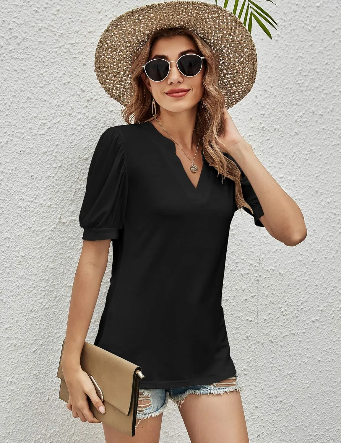 Romanstii Women Casual V-Neck T-Shirts Loose Puff Short Sleeve Tops Tunic Blouses