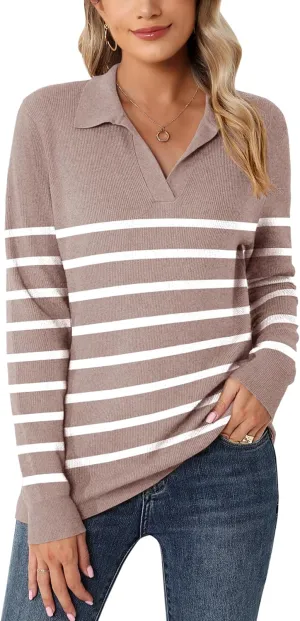 Romanstii Women's Knitted Collared Sweaters Long Sleeve V-Neck Polo Shirts Winter Pullover Tops