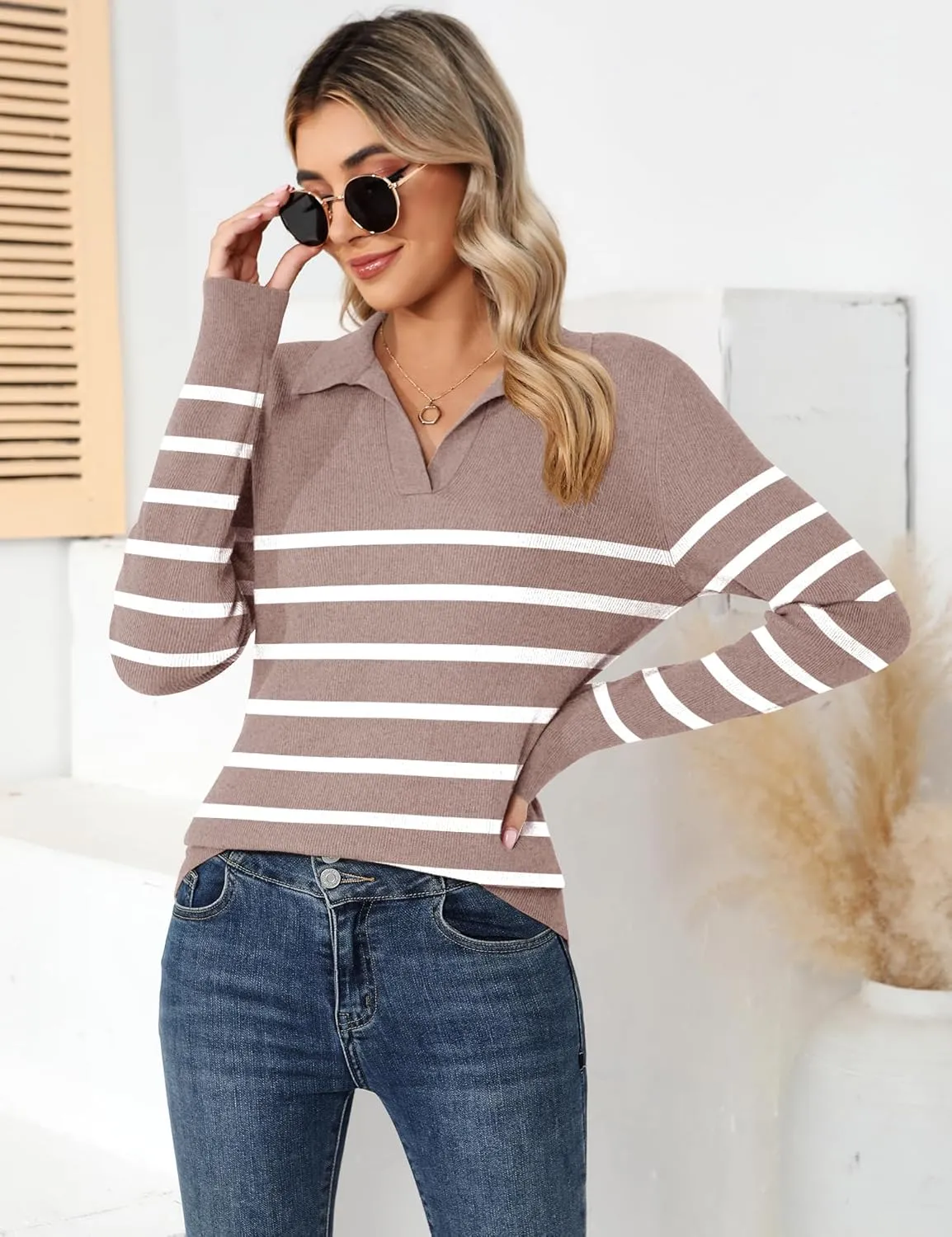 Romanstii Women's Knitted Collared Sweaters Long Sleeve V-Neck Polo Shirts Winter Pullover Tops