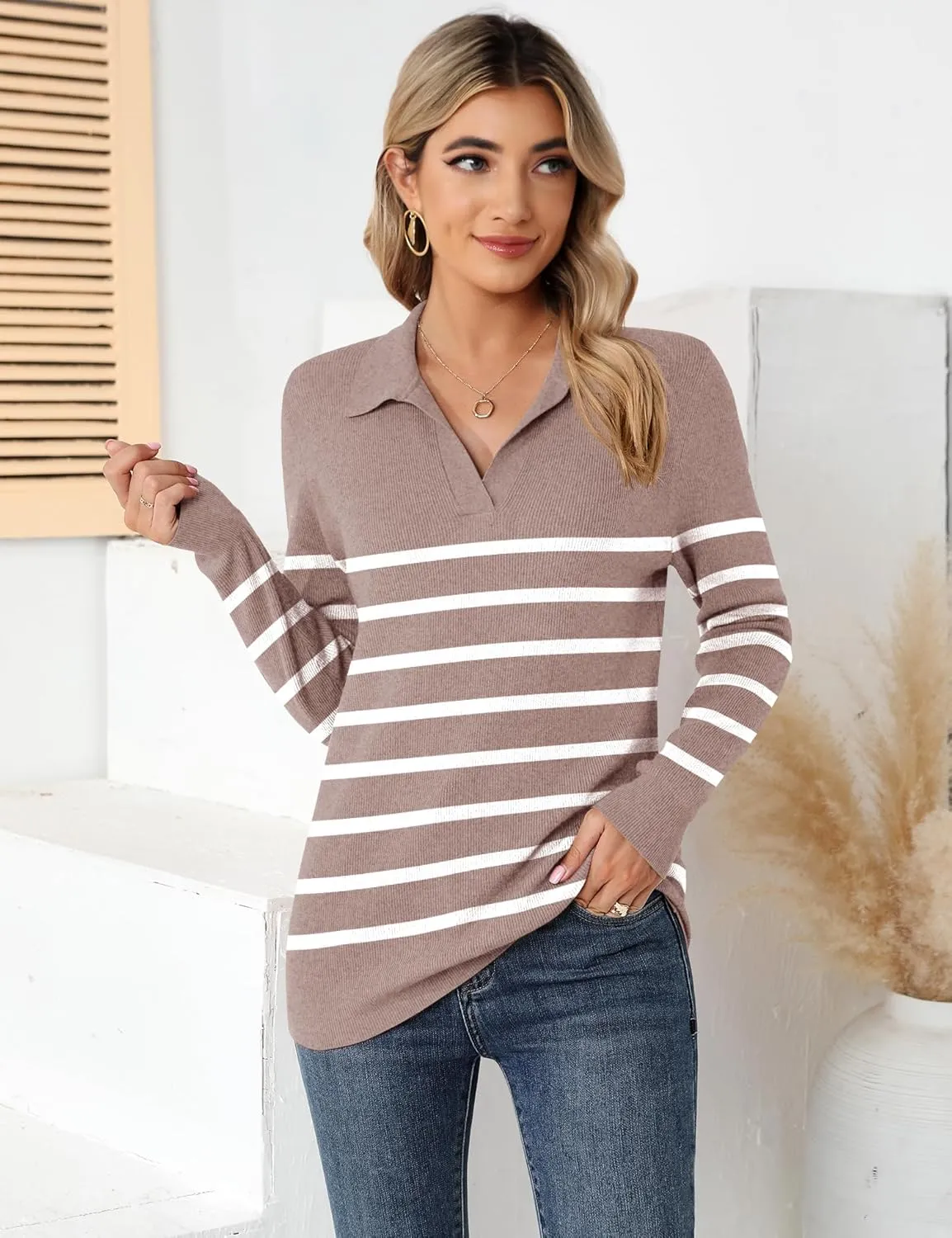 Romanstii Women's Knitted Collared Sweaters Long Sleeve V-Neck Polo Shirts Winter Pullover Tops