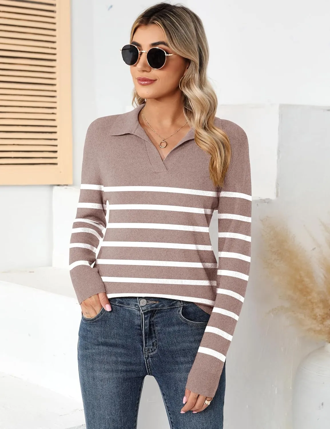 Romanstii Women's Knitted Collared Sweaters Long Sleeve V-Neck Polo Shirts Winter Pullover Tops