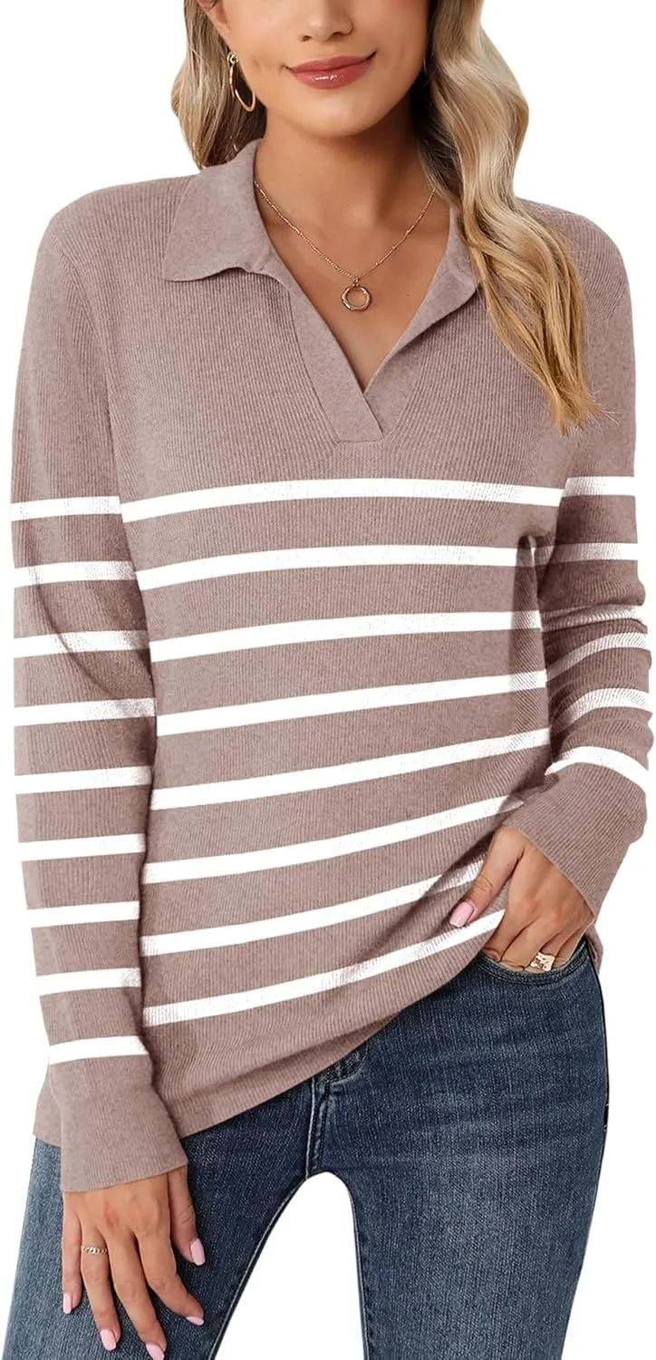 Romanstii Women's Knitted Collared Sweaters Long Sleeve V-Neck Polo Shirts Winter Pullover Tops