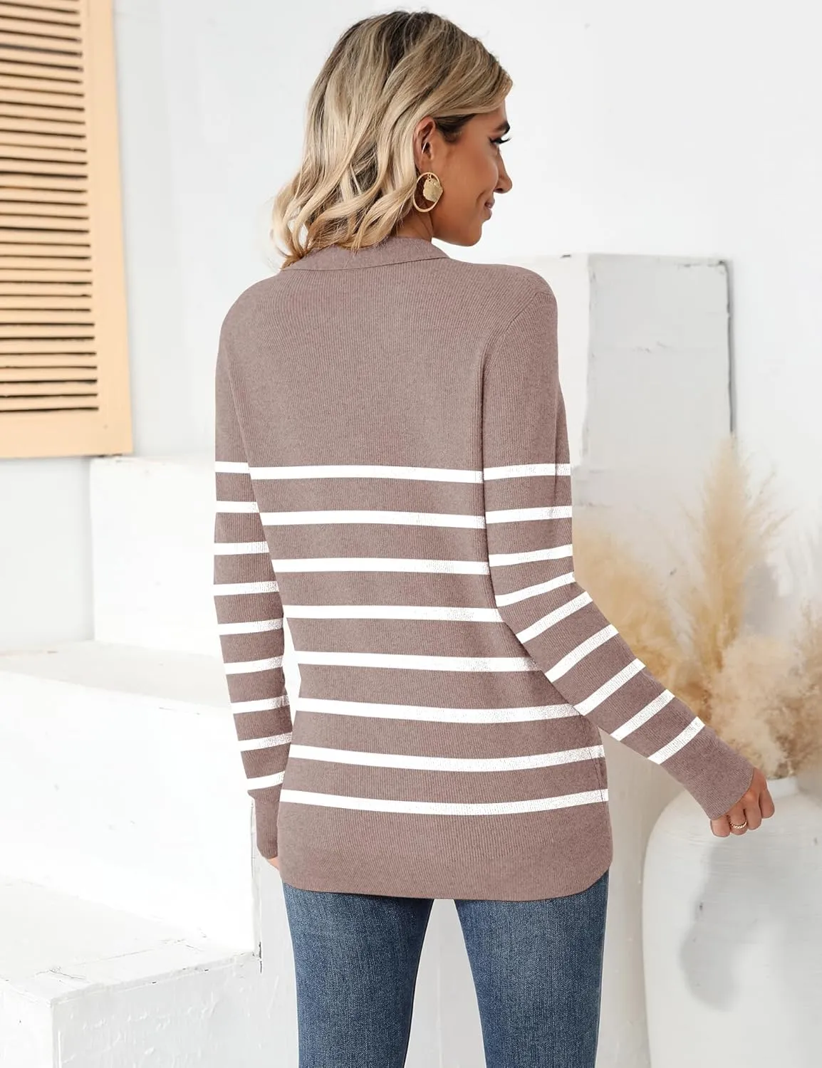 Romanstii Women's Knitted Collared Sweaters Long Sleeve V-Neck Polo Shirts Winter Pullover Tops