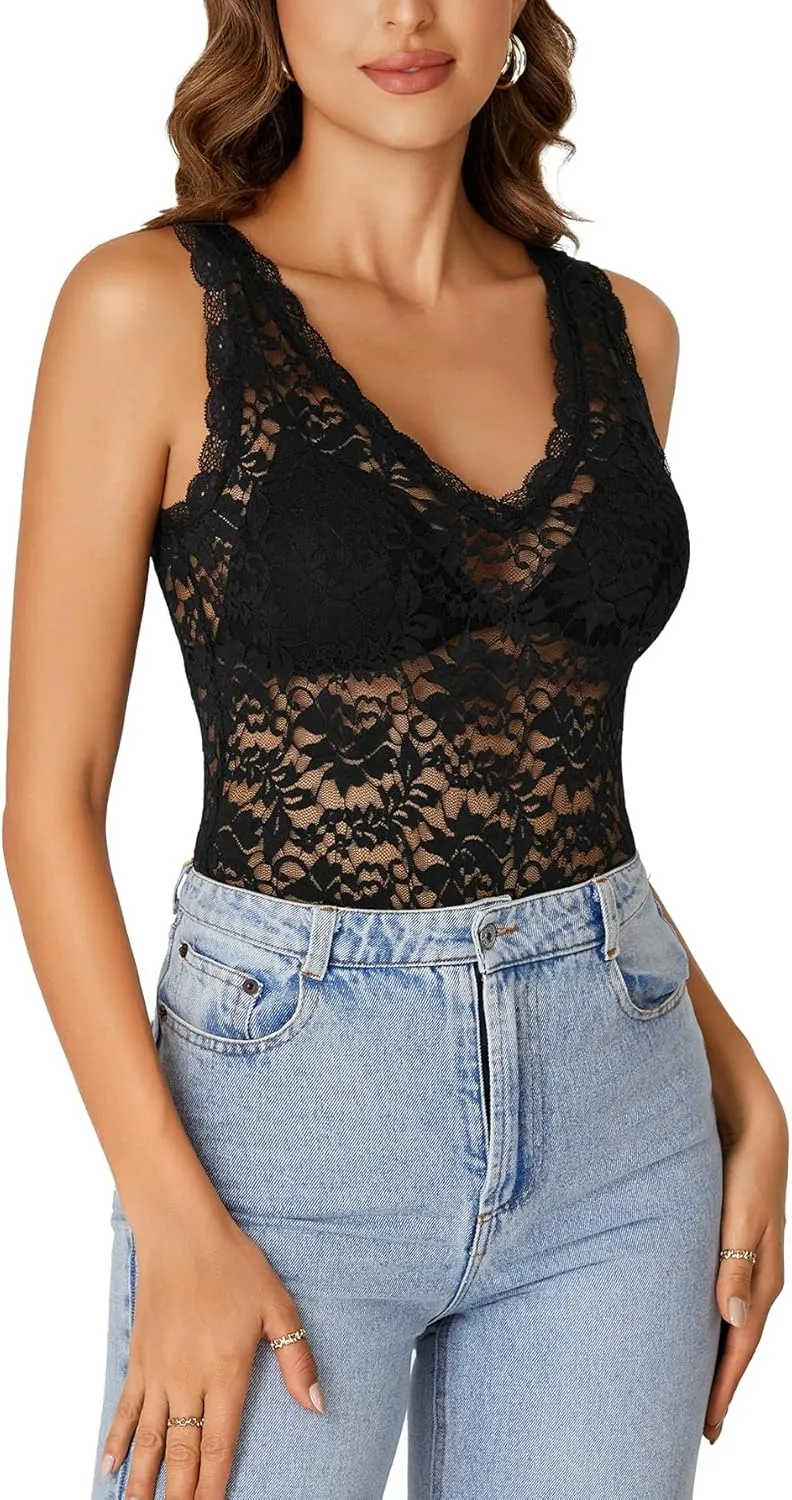 Rooscier Women's Floral Lace Scallop V Neck Sleeveless Sheer Tank Cami Top Blouse