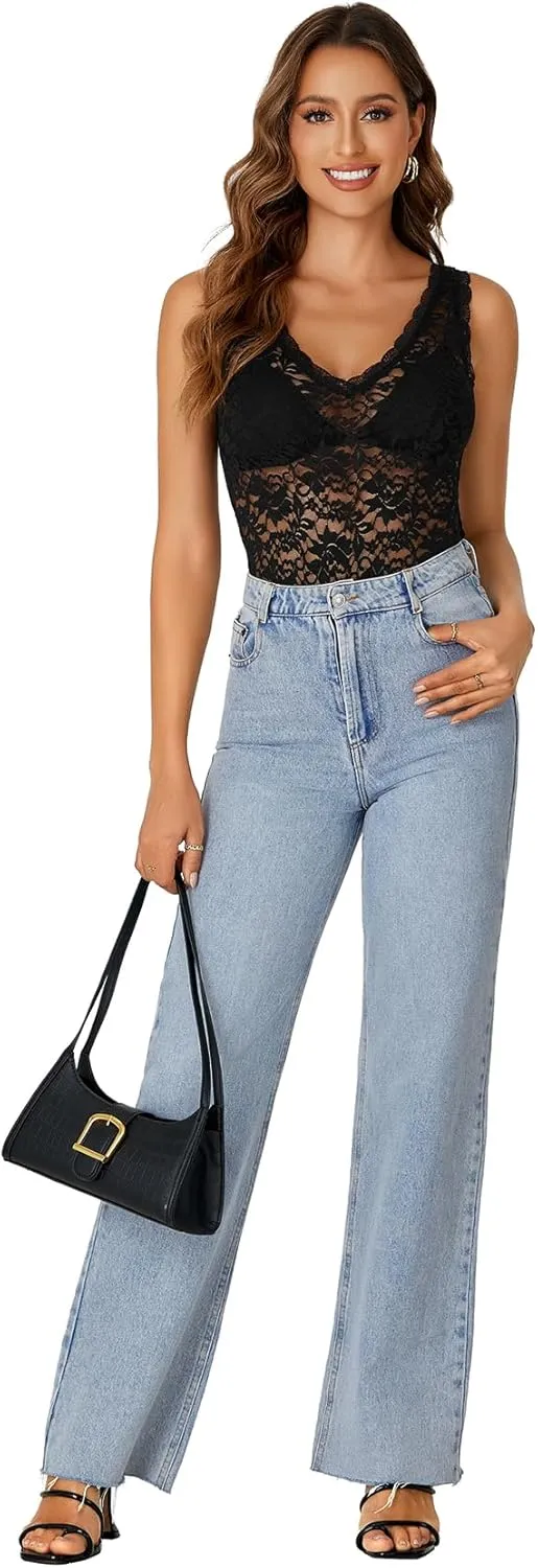 Rooscier Women's Floral Lace Scallop V Neck Sleeveless Sheer Tank Cami Top Blouse